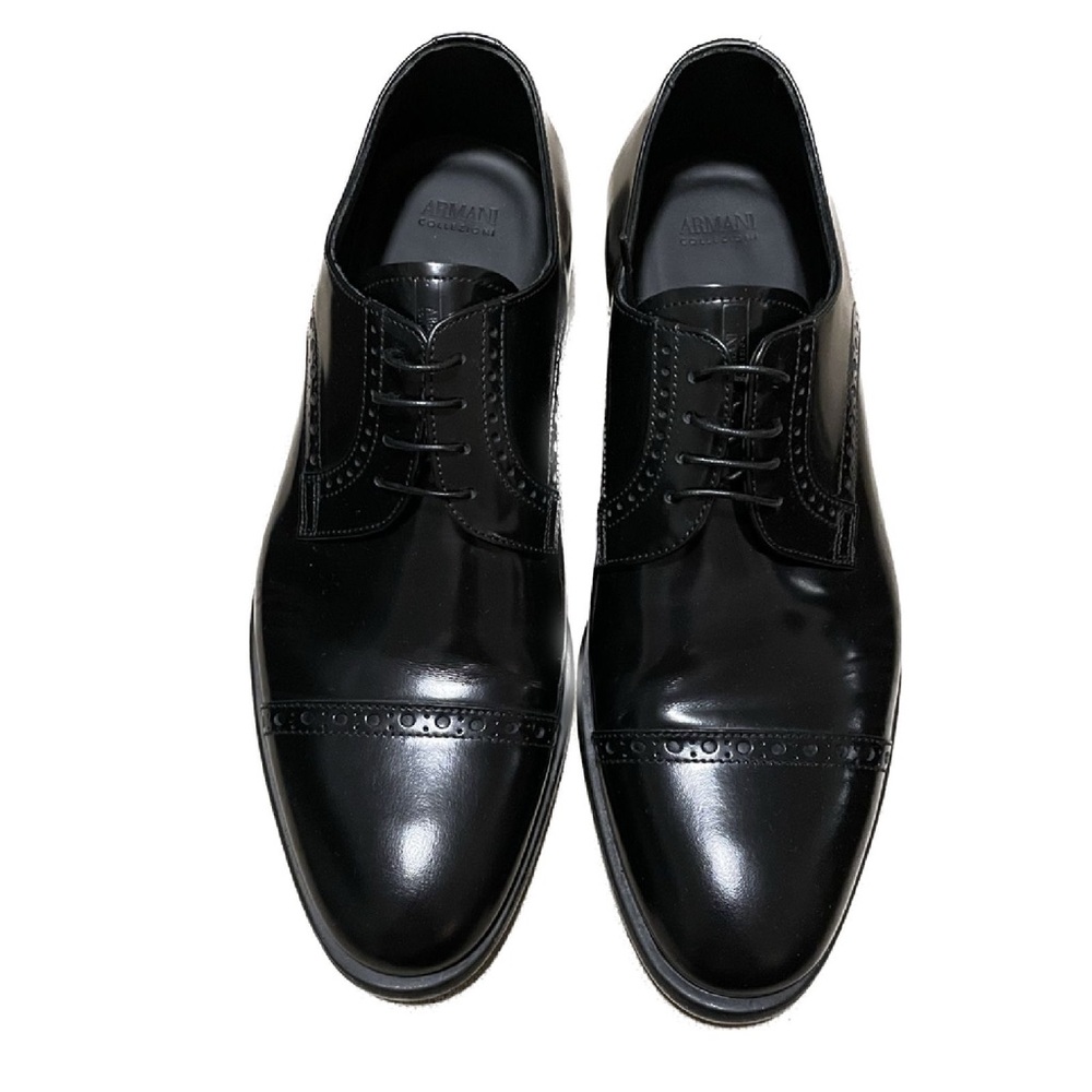 ARMANI COLLEZIONI Black Perforated Cap Toe Lace Up Shoes